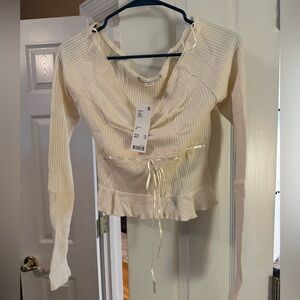 Urban Outfitters Cream Ribbed Blouse with Lace